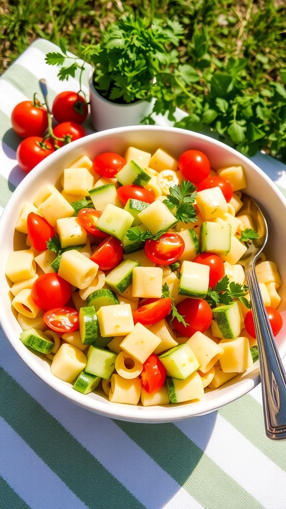 A refreshing cucumber pasta salad with cucumbers, cherry tomatoes, and parsley in a bowl, set in a sunny outdoor environment.